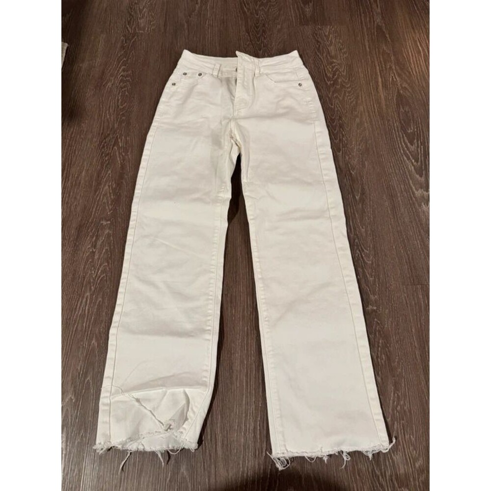 White High Waisted Wide Leg Jeans Raw Hem Raw Edge Denim Pants Womens Size 2